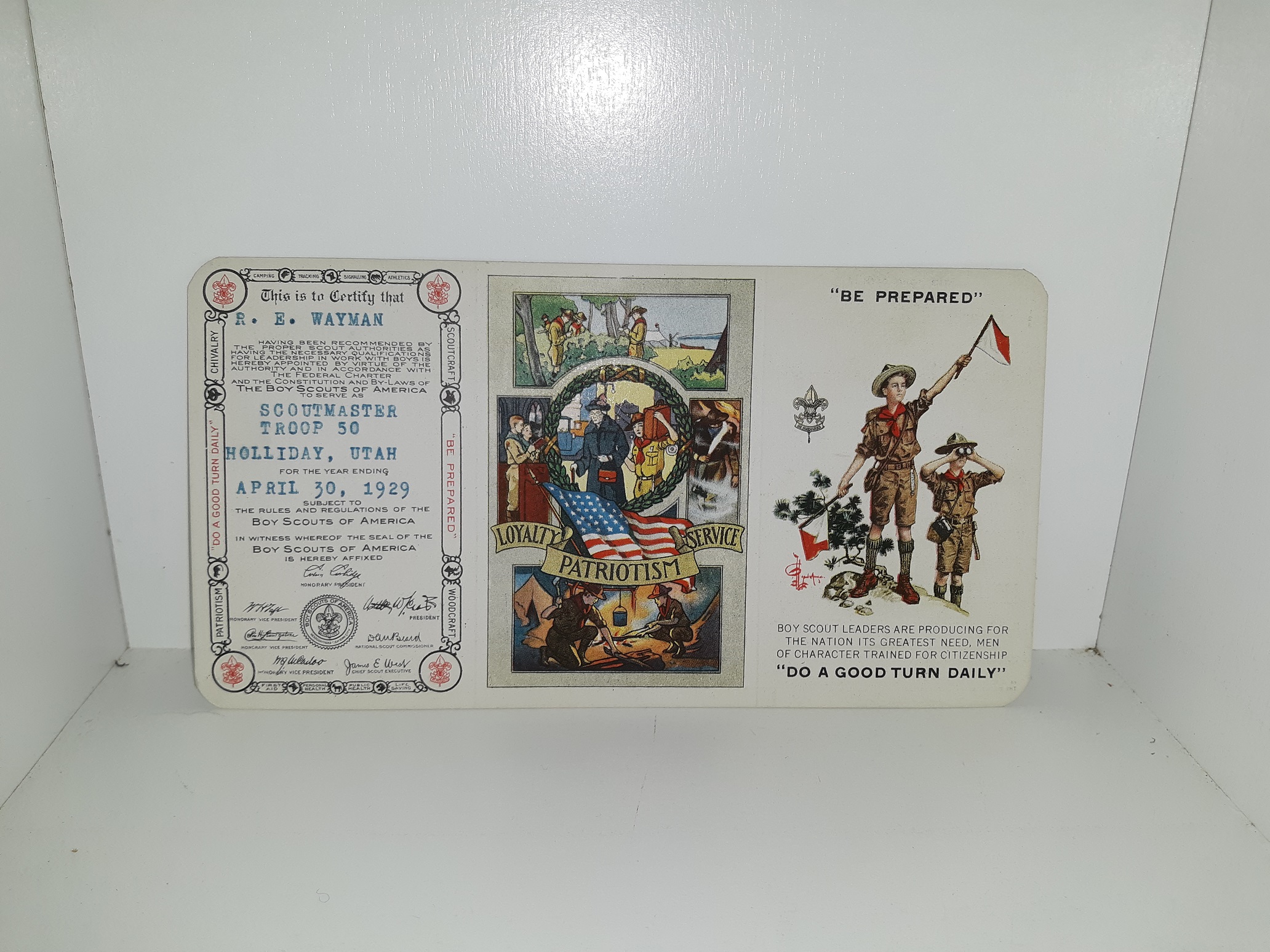 Boy Scouts Scoutmaster Certification Card belonging to R. E. Wayman, Scoutmaster of Troop 50, Holliday, Utah (1929)
