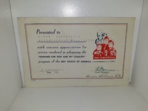 Boy Scouts of America Certificate Presented to Elmer Wunderlich, Neighborhood Commission (1961)