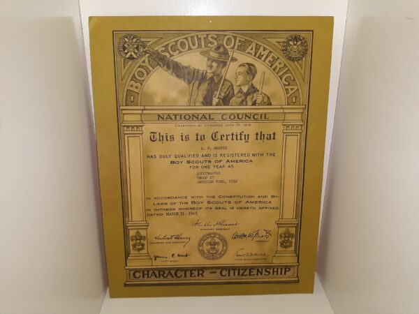 Boy Scouts of America Scoutmaster Certificate for E. W. Hoopes, of Troop 17, American Fork, Utah (1945)