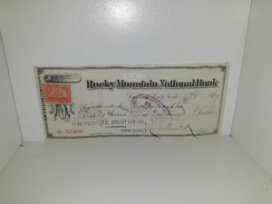 Used Rocky Mountain National Bank Check from 1899 for $33.20