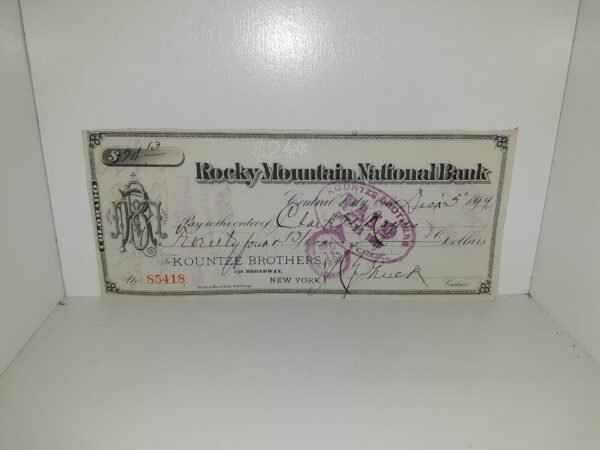 Used Rocky Mountain National Bank Check from 1899 for $34.10