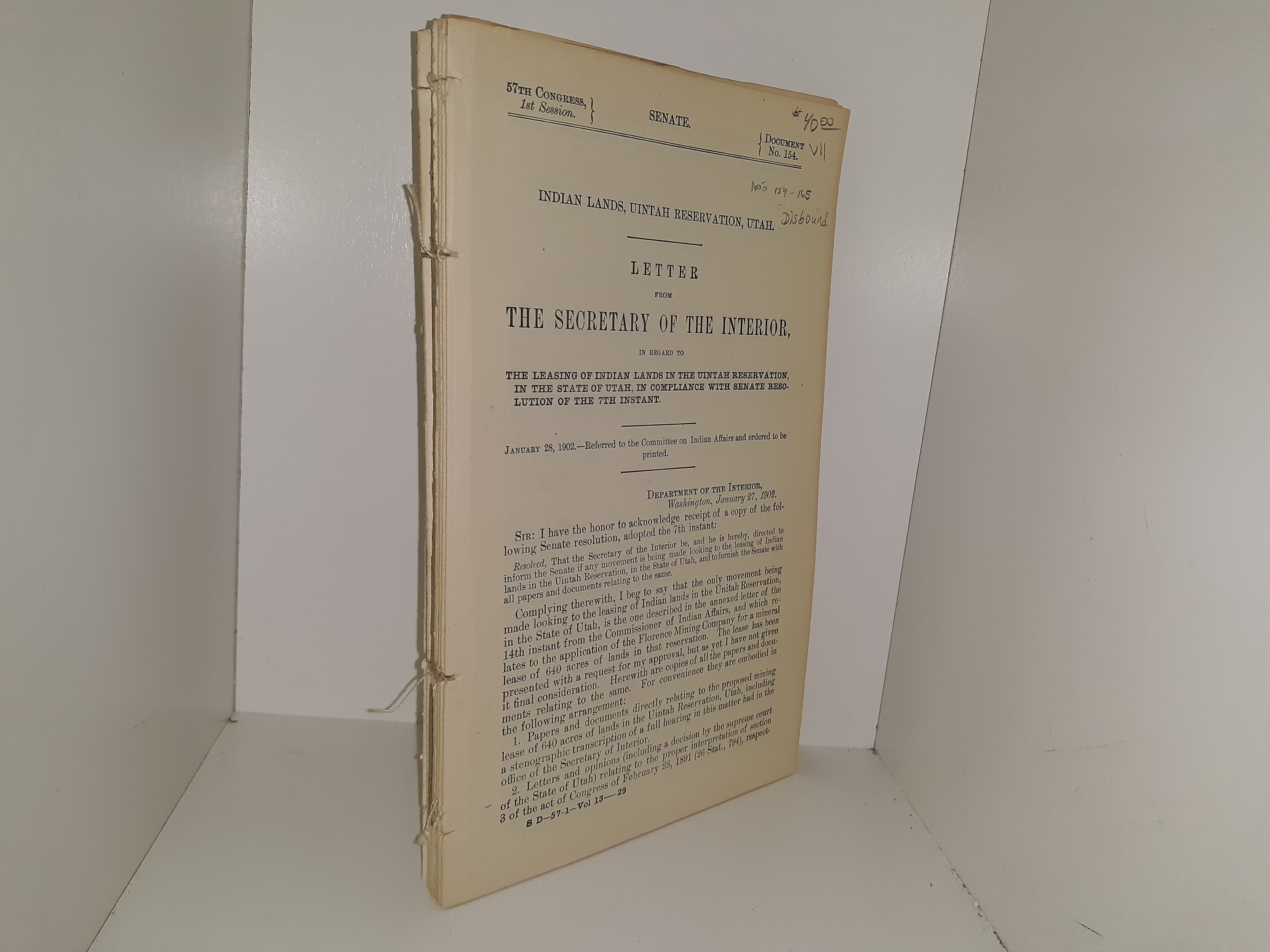Senate Document No. 154: Indian Lands, Uintah Reservation, Utah. Letter from The Secretary of the Interior, in Regard to The Leasing of Indian Lands in the Uintah Reservation, in the State of Utah, in Compliance with Senate Resolution of the 7th Instant