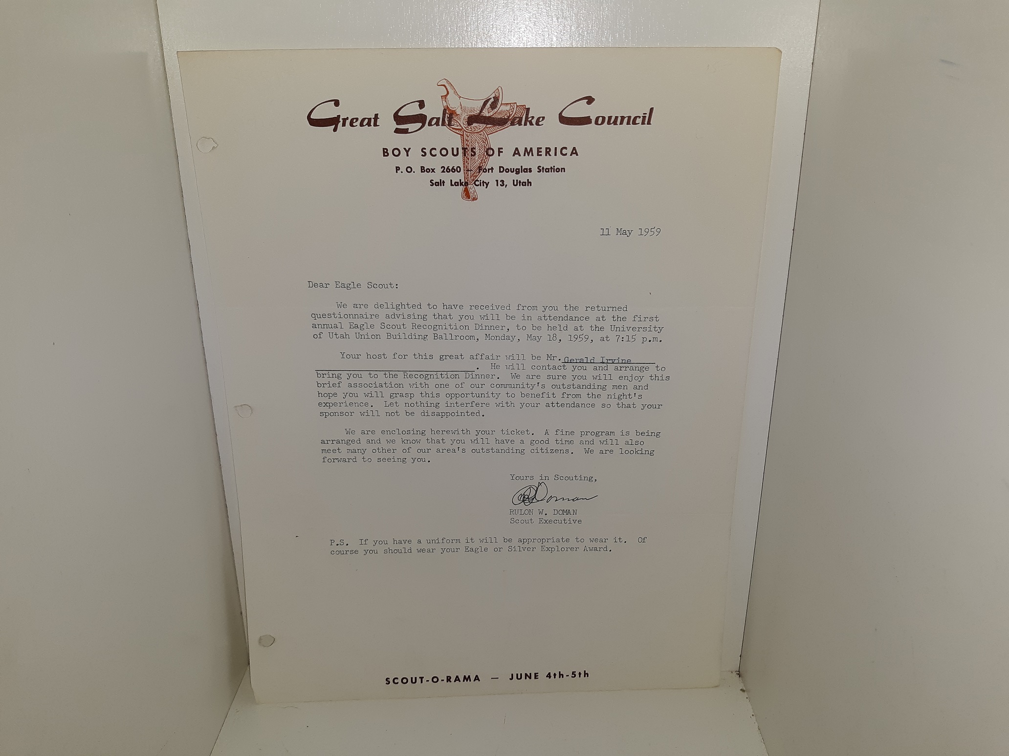 A Letter from the Great Salt Lake Council of the Boy Scouts of America to an Eagle Scout (1959)