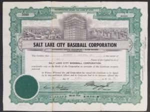 1958 — Salt Lake City Baseball Corporation Shares Certificate