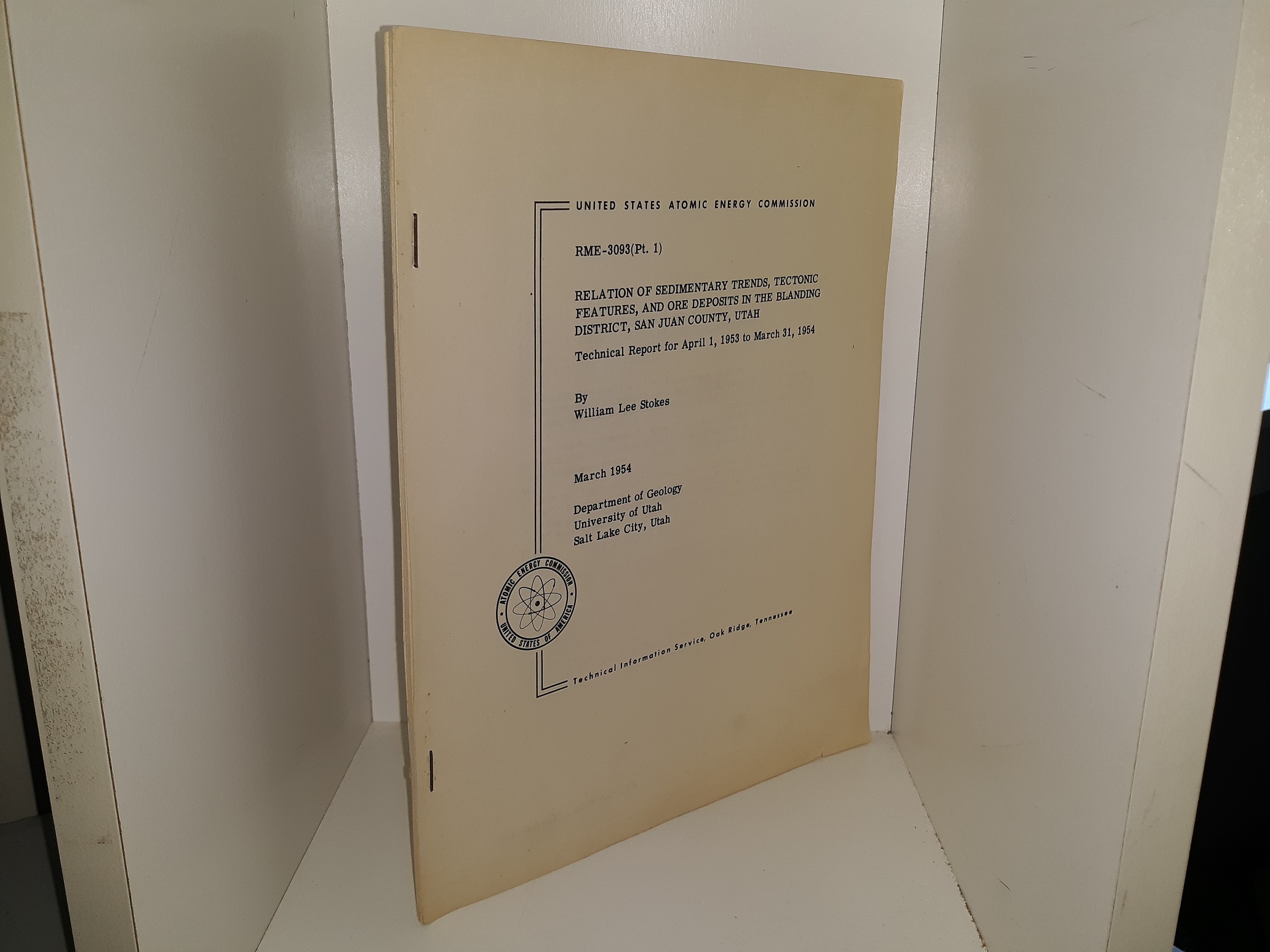 United States Atomic Energy Commission: RME-3093(Pt. 12): Relation of Sedimentary Trends, Tectonic Features, and Ore Deposits in the Blanding District, San Juan County, Utah (1954) ~ by William Lee Stokes