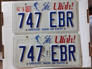 2 Utah License Plates: 747 EBR, 1992