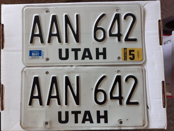 2 Utah License Plates for AAN-642, 1986