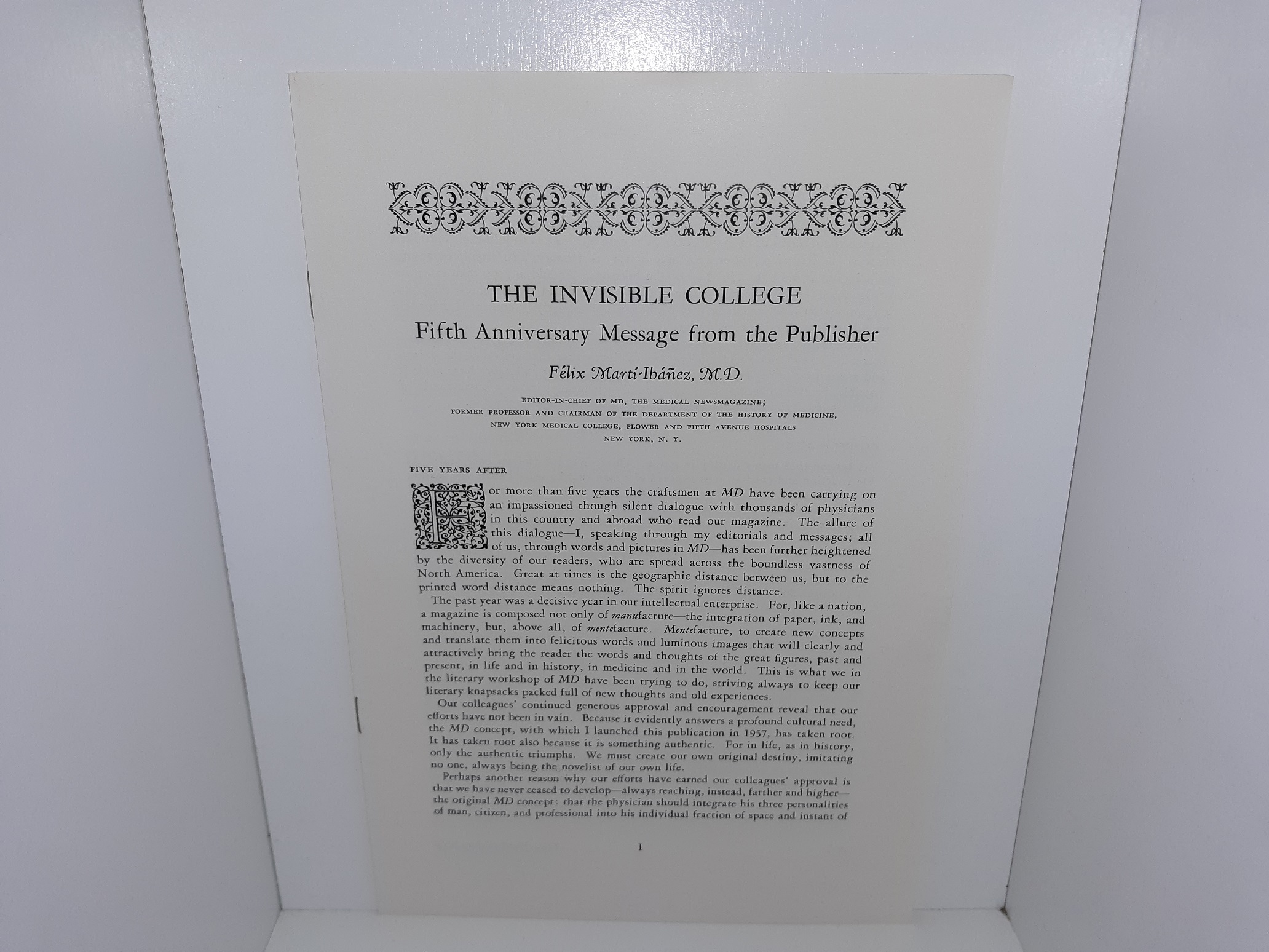 The Invisible College: Fifth Anniversary Message from the Publisher (1962) ~ by Félix Martí-Ibáñez, M.D.