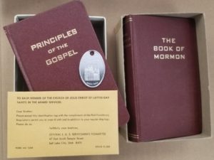 1966 / 1969 — Box with Military Edition Book of Mormon, Copy of Principles of the Gospel & A Small Envelope with the LDS Identification Tag Inside