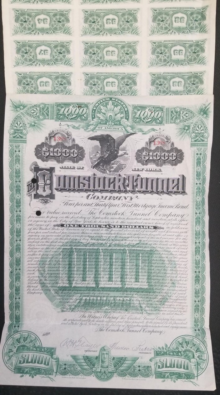 Comstock Tunnel Company $1000 Bond signed by Theodore Sutro & Thayer — With 2 Additional Sheets of $20 Stamps Attached
