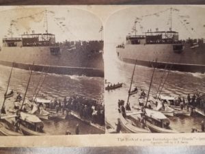1898 — The Birth of a great Battleship – the “Illinois” – just launched — J. F. Jarvis — Stereoview Photograph
