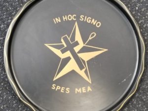 Tin Tray — In Hoc Signo – Spes Mea — Black Tin Tray — [Almost 11 inches wide]