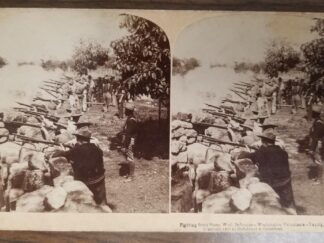 1899 — Fighting From Stone Wall Defenses — Stereoview Card — Washington Volunteers, Taquig, Phillippines —
