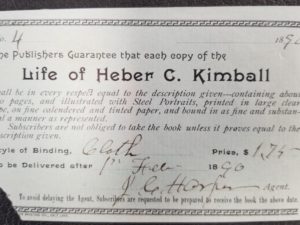 1890 — Small Receipt for the book: Life of Heber C. Kimball