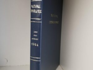 1964 — 3 Bound National Geographic Magazine — Bonded Leather Binding with Marbled End Sheets — June, July & August of 1964