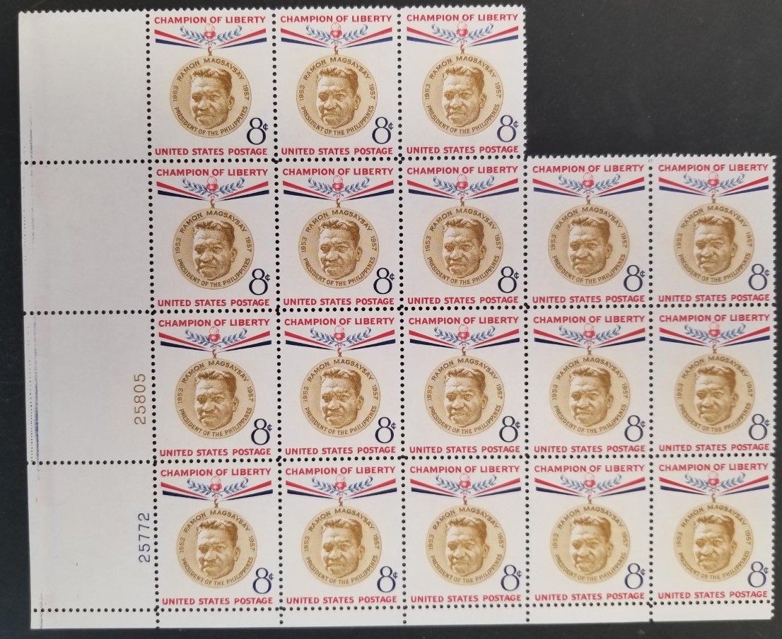 18 U.S. 8-Cent Stamps — Unused — Champion of Liberty — Ramon Magsaysay – President of the Philippines