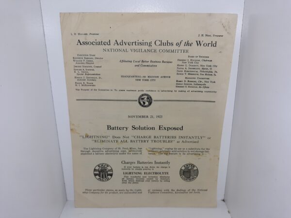 Associated Advertising Clubs of the World Truth: November 21, 1923, Battery Solution Exposed (1923)