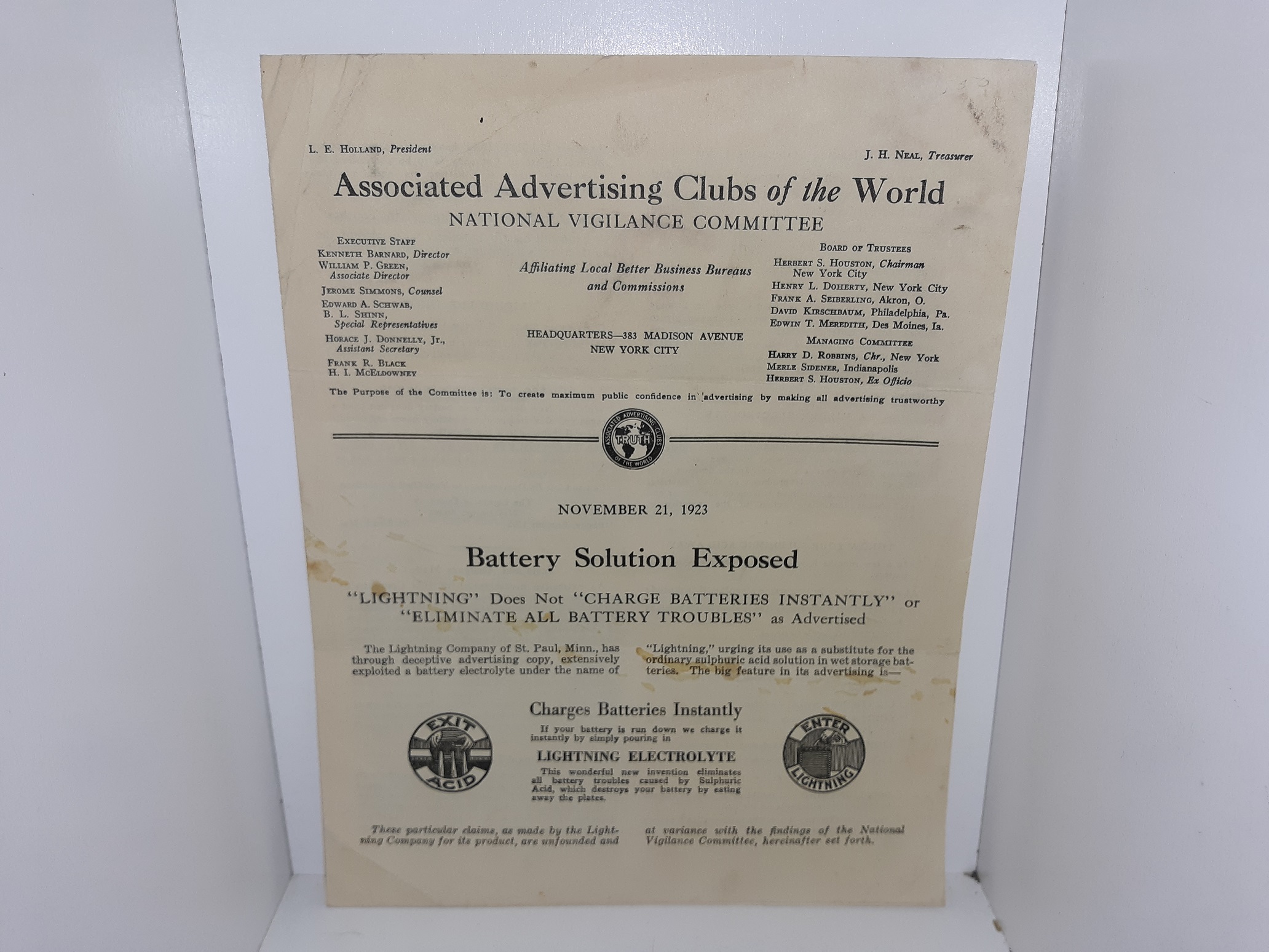 Associated Advertising Clubs of the World Truth: November 21, 1923, Battery Solution Exposed (1923)
