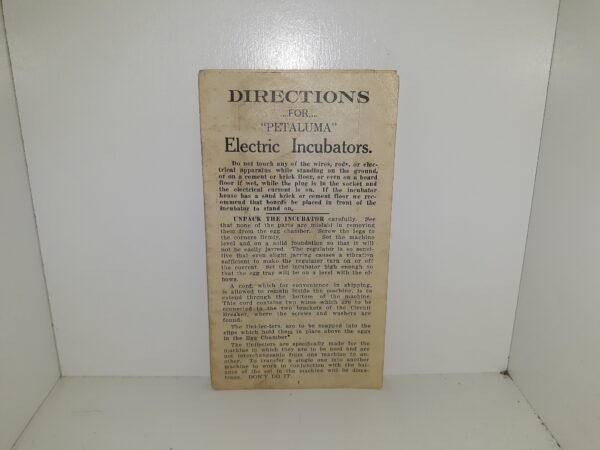 Directions ….For…. “Petaluma”: Electric Incubators (Pamphlet)