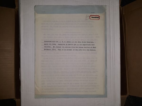 Interview with Mr. A. F. C. Green at the Holy Cross Hospital, April 19, 1946.  Conducted by Hector Lee on the Magnetized Wire Recorder.  Mr. Green has Retired from the Indian Service at Fort Duschene, Utah.  This is an Account of His LIfe with the Indians (1946)