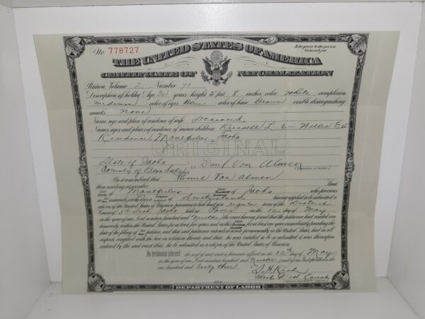 The United States of America Certificate of Naturalization Issued to Emil Von Almen in 1943