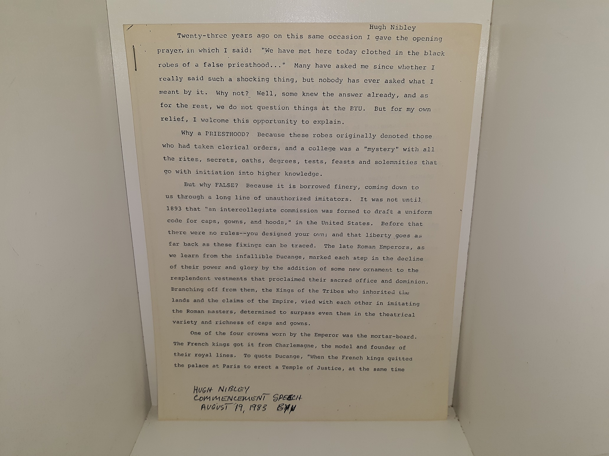 Hugh Nibley Commencement Speach, August 19, 1983, BYU ~ by Hugh Nibley