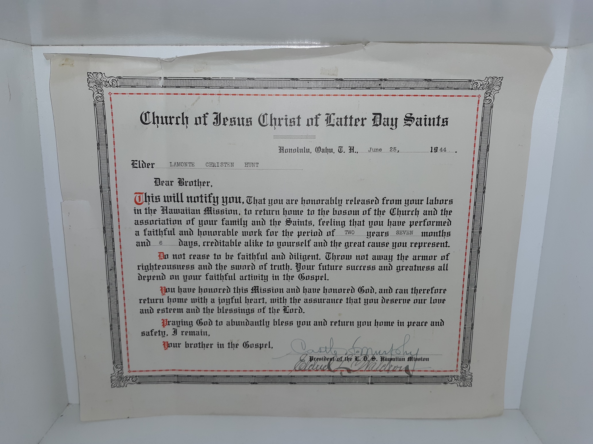 Certificate of Honorable Release from Missionary Service Signed by ...