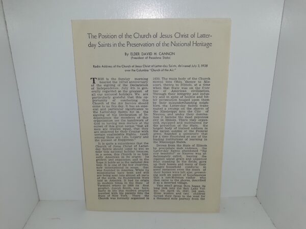 The Position of the Church of Jesus Christ of Latter-day Saints in the Preservation of the National Heritage (Pamphlet) (1938) ~ by Elder David H. Cannon