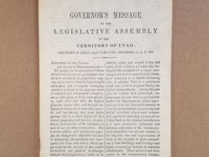 Reprint:  Governor’s Message to the Legislative Assembly of the Territory of Utah Delivered in Great Salt Lake City, December 15, A.D. 1857