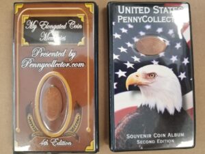 2 Plastic Albums with Elongated Pennies — “My Elongated Coin Memories Presented by Pennycollector” and “United States PennyCollector Souvenir Coin Album”