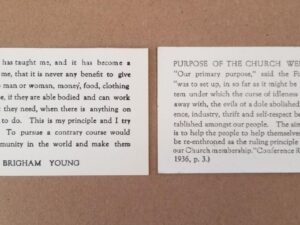 LDS Card: 2.5″ x 4″ — Brigham Young Quote / Purpose of the Church Welfare Plan