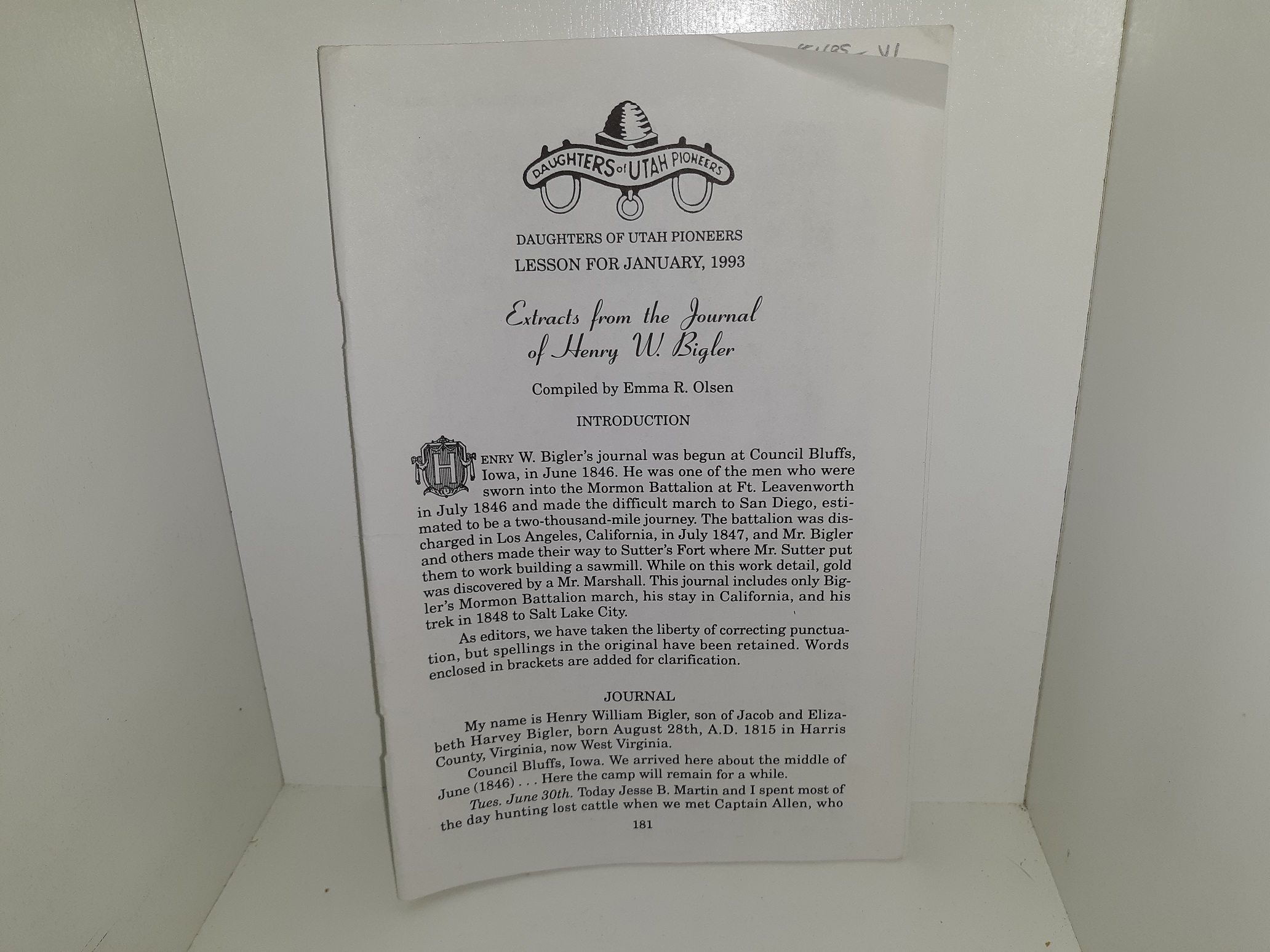 Daughters of Utah Pioneers Lesson for January, 1993: Extracts from the Journal of Henry W. Bigler (1993) ~ Compiled by Emma R. Olsen