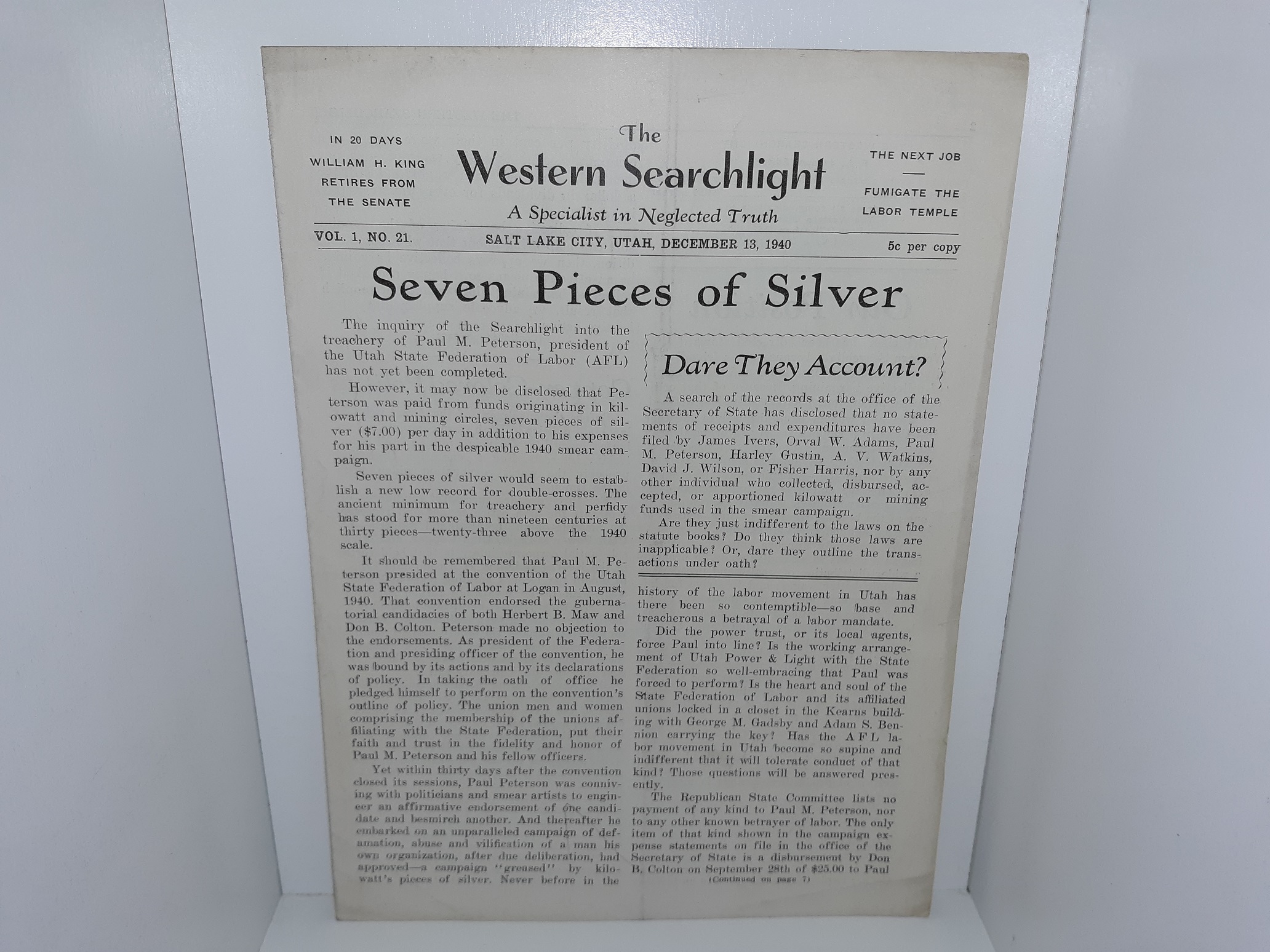 The Western Searchlight: A Specialist in Neglected Truth: Vol. 1, No. 21, Salt Lake City, Utah, December 13, 1940 (Unbound) (1940)