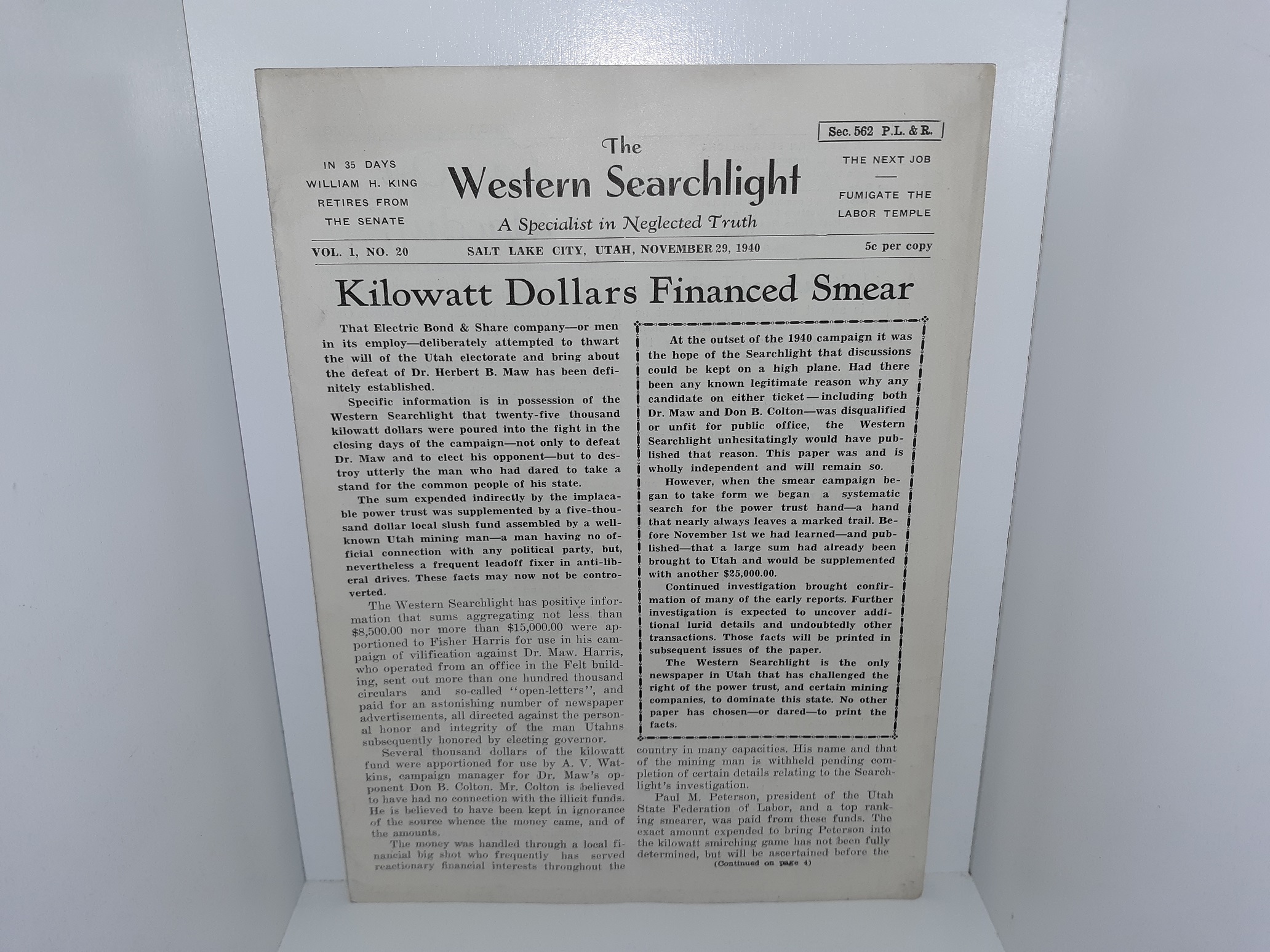 The Western Searchlight: A Specialist in Neglected Truth: Vol. 1, No. 20, Salt Lake City, Utah, November 29, 1940 (Unbound) (1940)