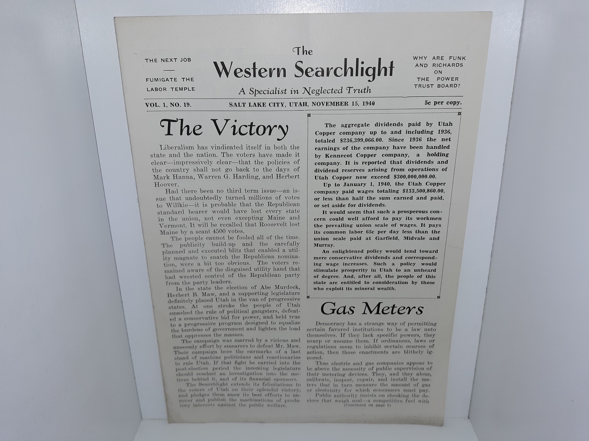 The Western Searchlight: A Specialist in Neglected Truth: Vol. 1, No. 19, Salt Lake City, Utah, November 15, 1940 (Unbound) (1940)