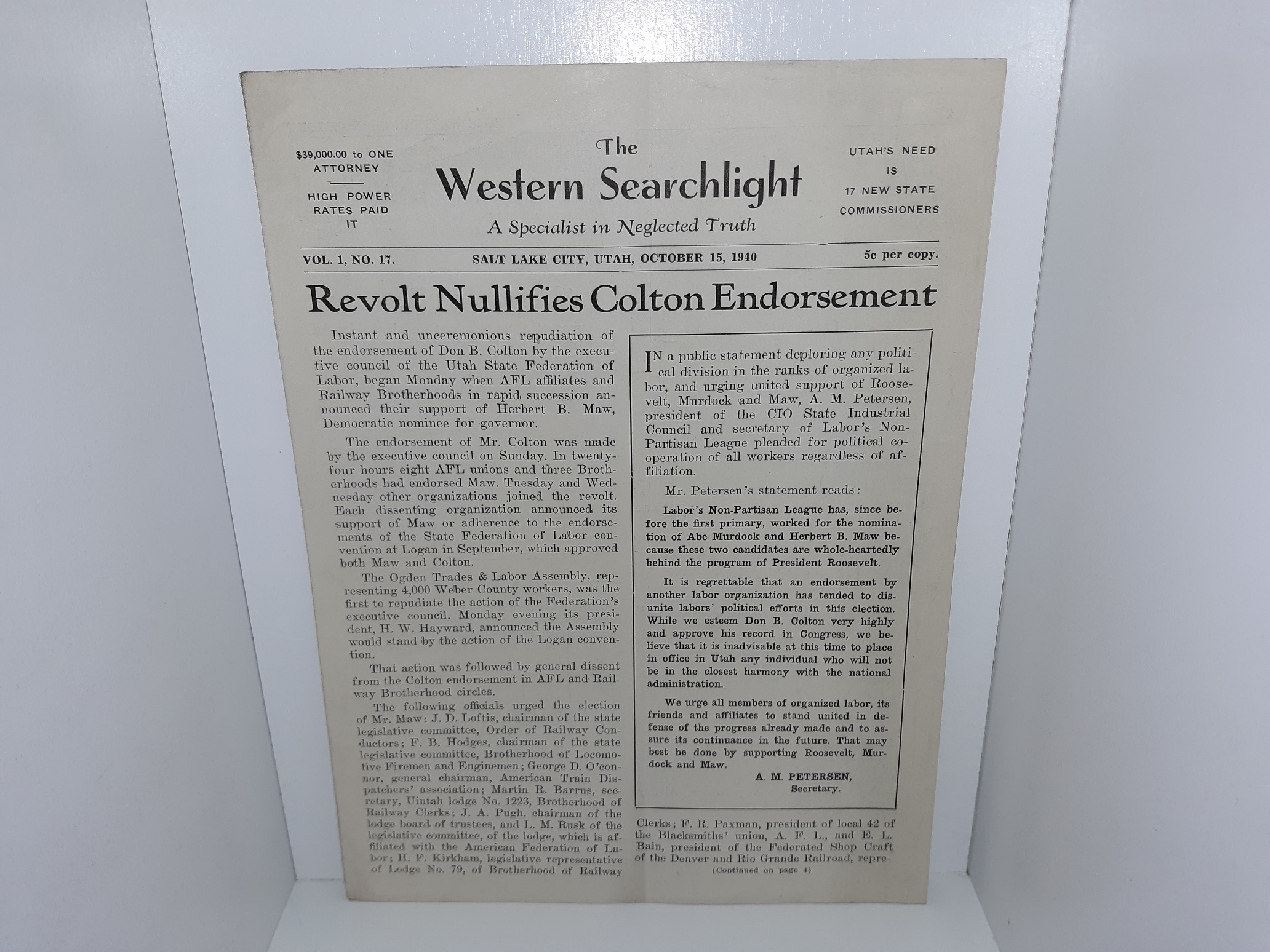 The Western Searchlight: A Specialist in Neglected Truth: Vol. 1n, No. 17, Salt Lake City, Utah, October 15, 1940 (Unbound) (1940)