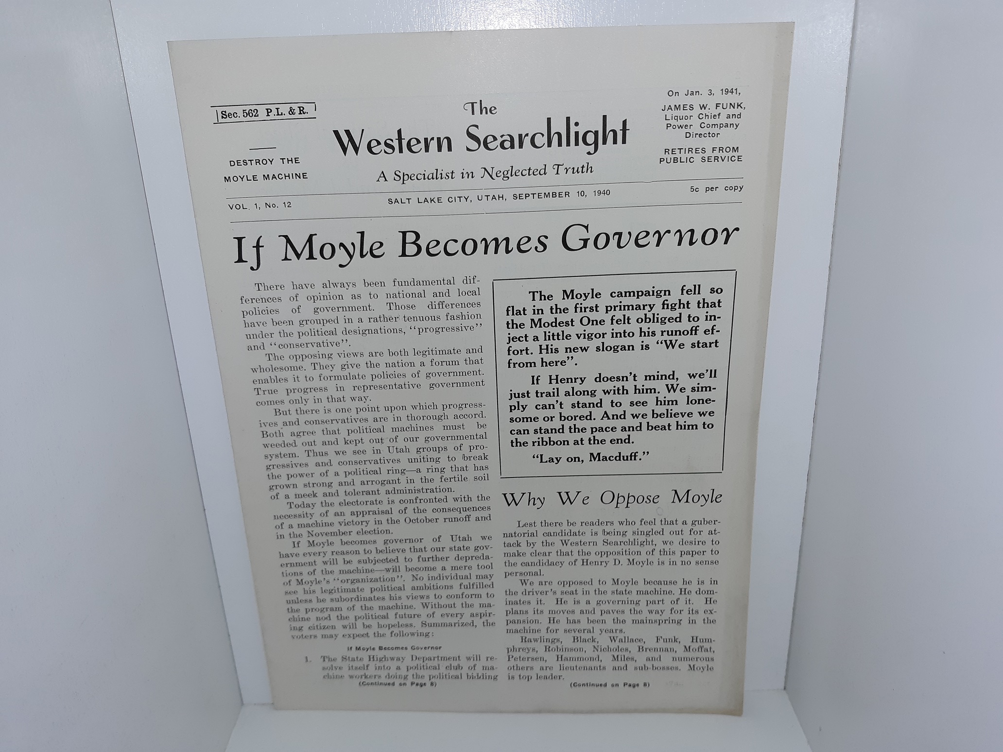 The Western Searchlight: A Specialist in Neglected Truth: Vol. 1, No. 12, Salt lake City, Utah, September 10, 1940 (Unbound) (1940)