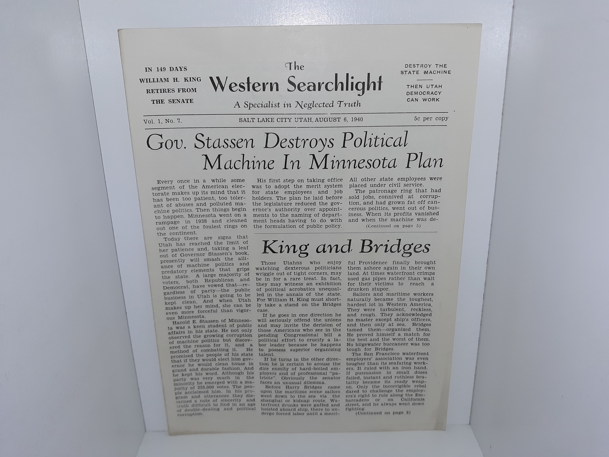 The Western Searchlight: A Specialist in Neglected Truth: Vol. 1, No. 7, Salt Lake City, Utah, August 6, 1940 (Unbound) (1940)