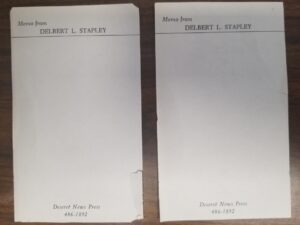 Memo from DELBERT L. STAPLEY — Deseret News Press — 2 Small Notepad Pages