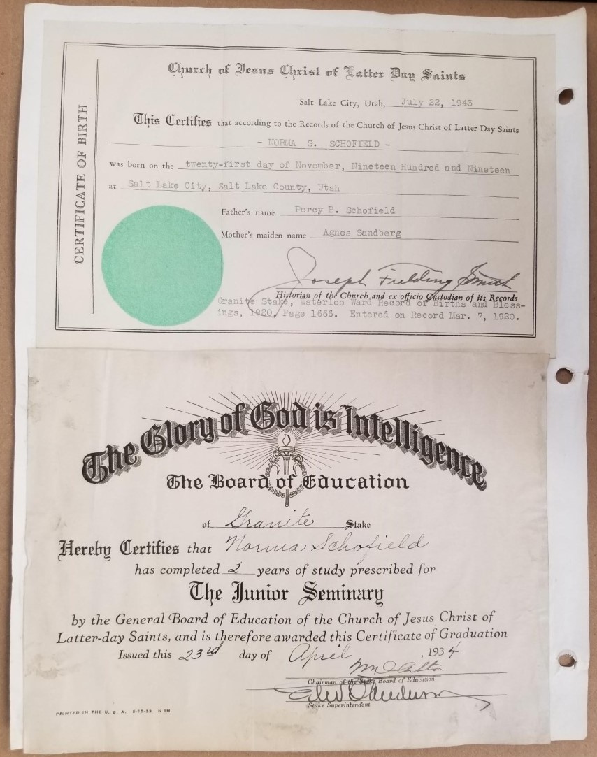 2 Certificates — 1 Signed by Joseph Fielding Smith — Page from a Scrapbook