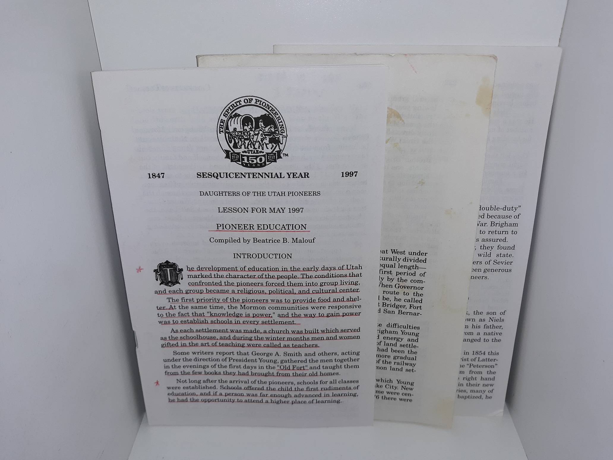 3 Issues of Daughters of Utah Pioneers Lessons: Pioneer Education / Locality Histories / Pioneers of Sevier County (See Details)