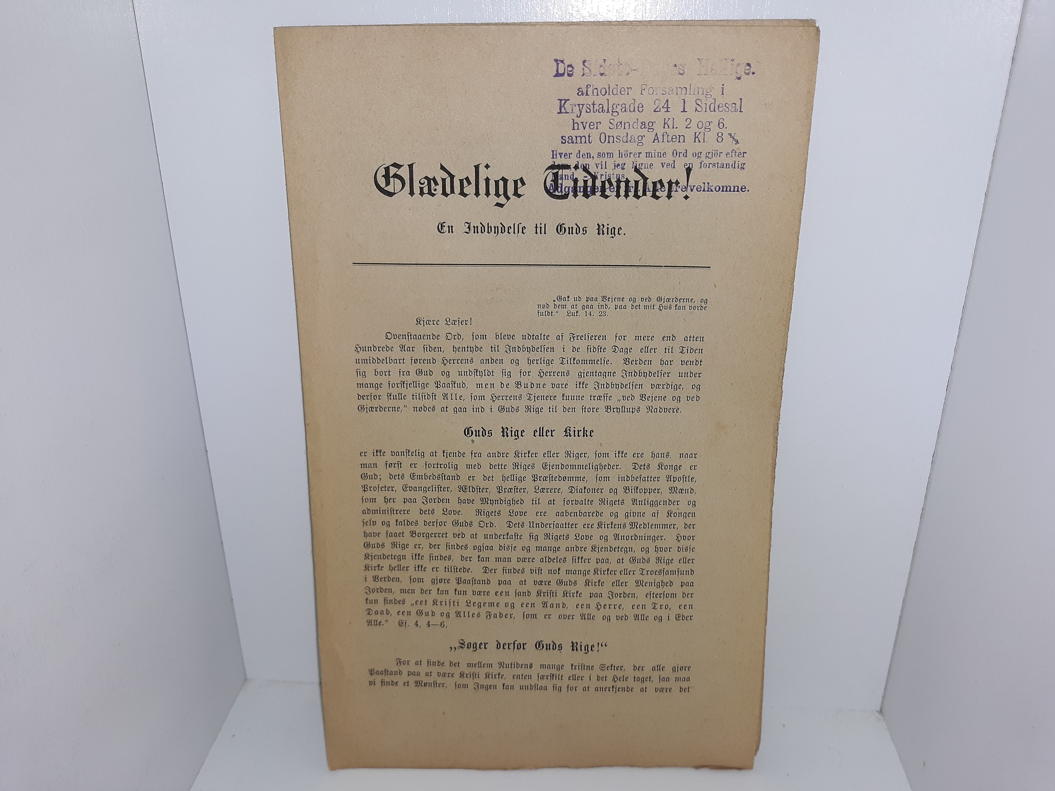 Glædelige Tidender!: En Indbndelse til Guds Rige (Danish: Happy Times!: An Invitation to the Kingdom of God) (Pamphlet) (Uncut) (1895)