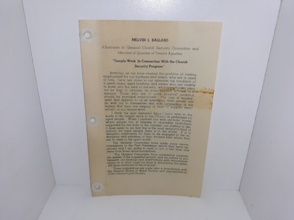 "Temple Work in Connection With the Church Security Program" (Pamphlet) ~ by Melvin J. Ballard