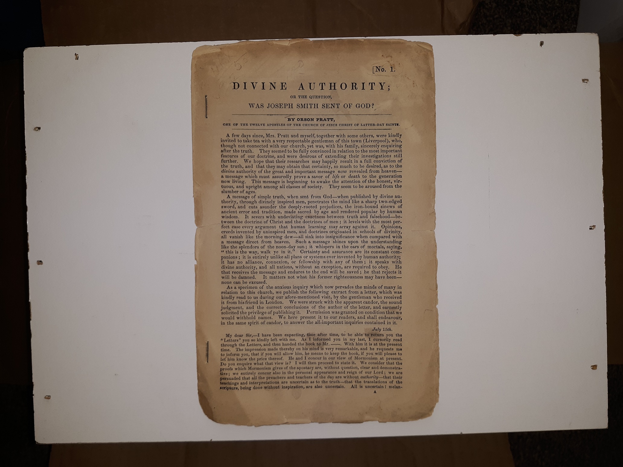 Divine Authority; or the Question, Was Joseph Smith Sent of God?: No. 1 (1848) ~ by Orson Pratt