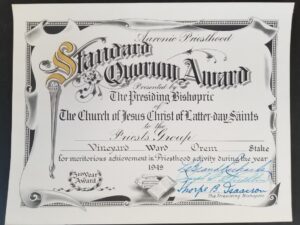 1949 — Certificate — Signed by Presiding Bishopric / LeGrand Richards, Joseph L. Wirthlin, Thorpe B. Isaacson