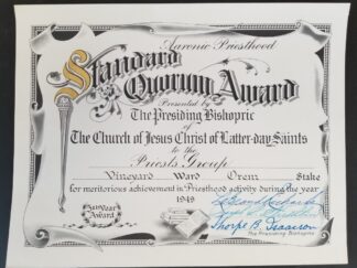 1949 — Certificate — Signed by Presiding Bishopric / LeGrand Richards, Joseph L. Wirthlin, Thorpe B. Isaacson