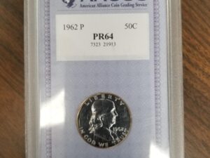 1962P Franklin Silver Half Dollar — AACGS Grade PR64 7323 21913 — Silver Half in Plastic Case
