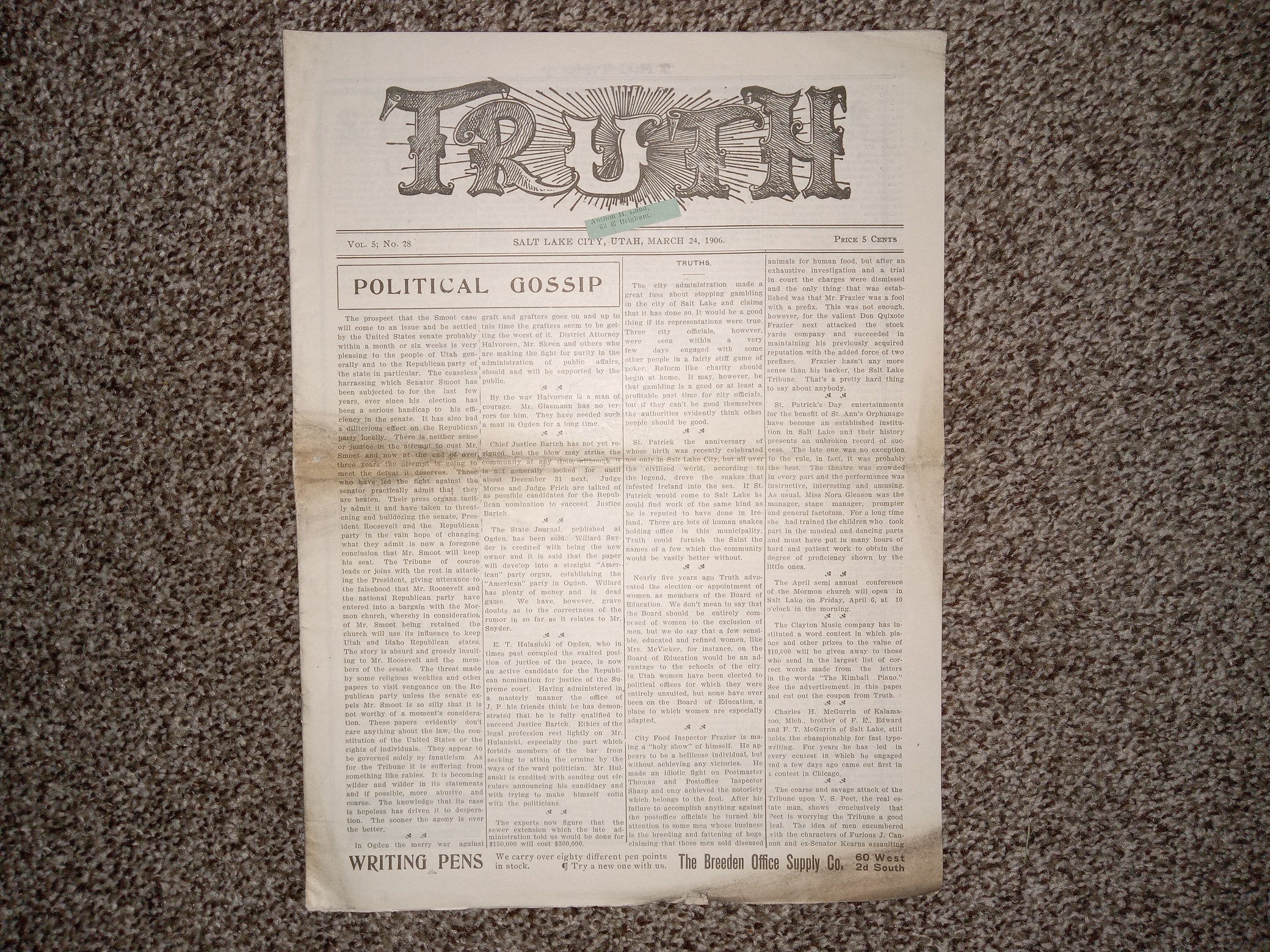 Truth: Vol. 5, No. 28, Salt Lake City, Utah, March 24, 1906 (Newspaper) (1906)