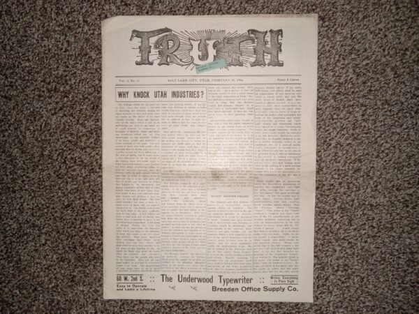 Truth: Vol. 5, No. 24, Salt Lake City, Utah, February 24, 1906 (Newspaper) (1906)