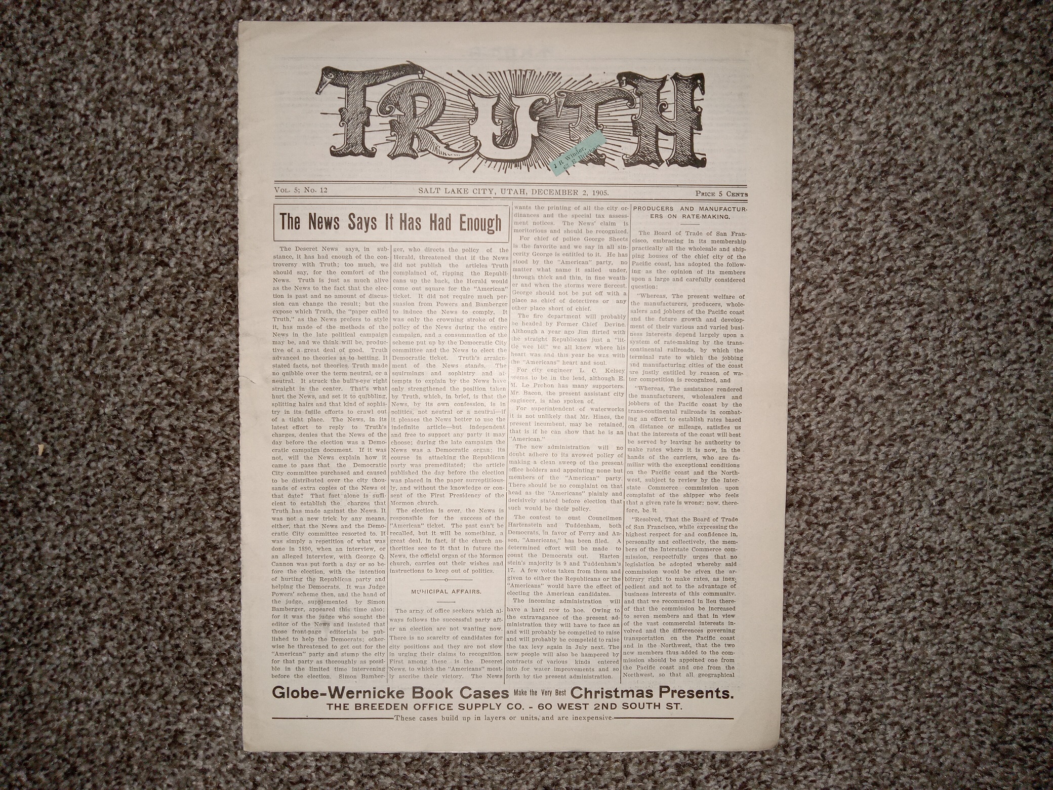 Truth: Vol. 5, No. 12, Salt Lake City, Utah, December 2, 1905 (Newspaper) (1905)